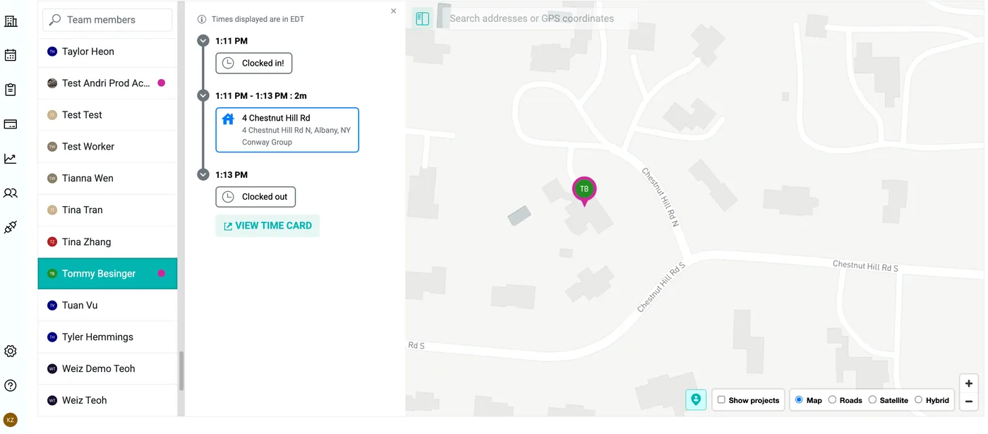 Workyard Locations view showing a worker's clock-in, time at a job site address and clock-out on a timeline next to a map
