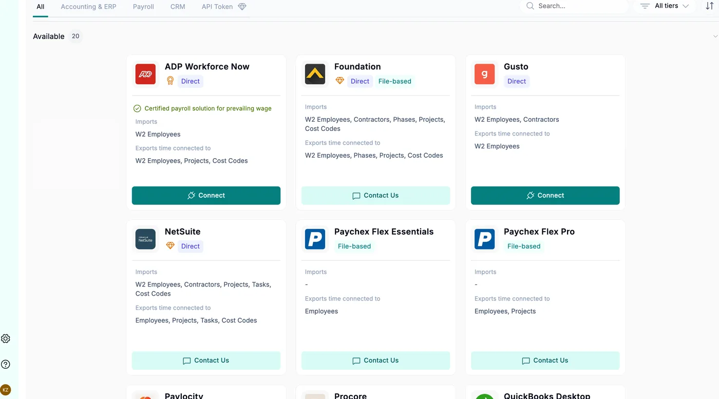 Workyard in-app integrations screen showing ADP Workforce Now, Foundation, Gusto, NetSuite and Paychex connections