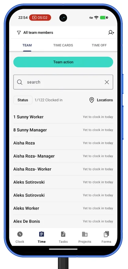 Workyard mobile app Team tab listing crew members and who has clocked in today