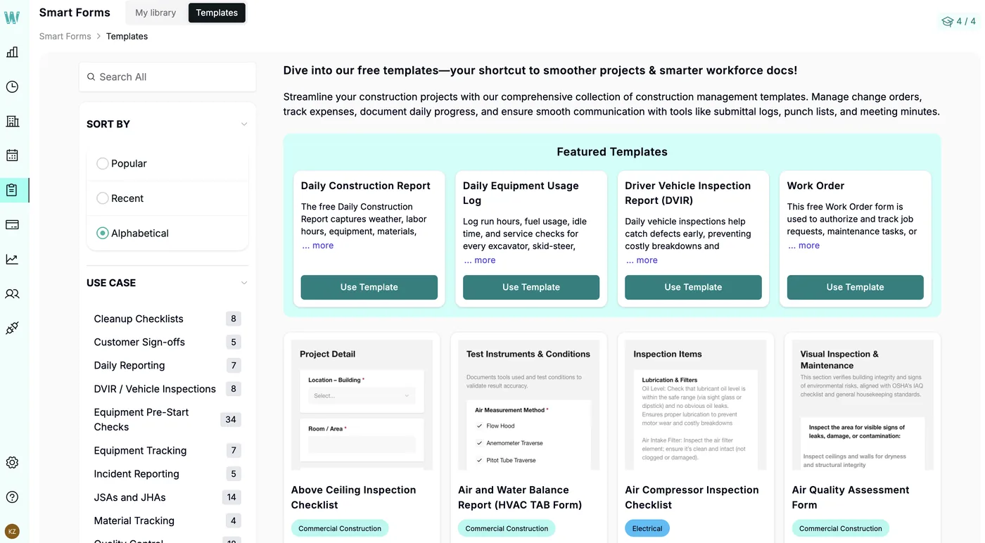 Workyard Smart Forms template library with daily construction report, equipment usage log, vehicle inspection and work order templates